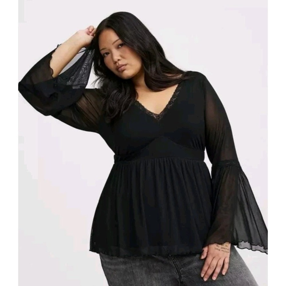 NWT Torrid Women's Black Mesh Boho Top Sz 1X Bell Sleeves Fairycore Witchy Goth